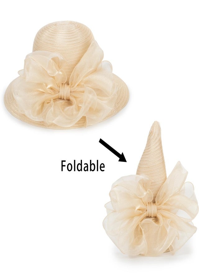 IZUS Women Kentucky-Organza Sun-Hat with Bow-Flower Church-Derby-Fascinators Bowler-Hat for Wedding Tea Party Cocktail Events Champagne Gold - Image 3