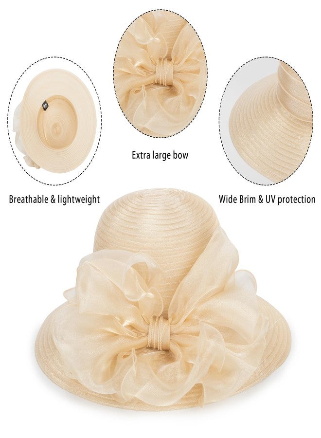 IZUS Women Kentucky-Organza Sun-Hat with Bow-Flower Church-Derby-Fascinators Bowler-Hat for Wedding Tea Party Cocktail Events Champagne Gold - Image 4