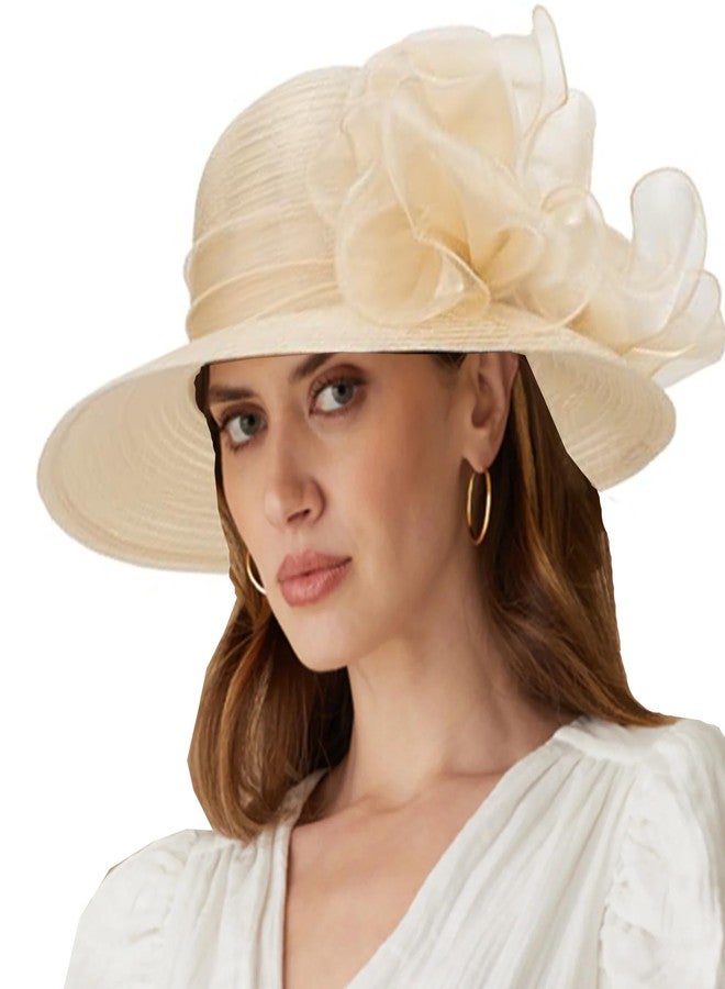 IZUS Women Kentucky-Organza Sun-Hat with Bow-Flower Church-Derby-Fascinators Bowler-Hat for Wedding Tea Party Cocktail Events Champagne Gold - Image 1