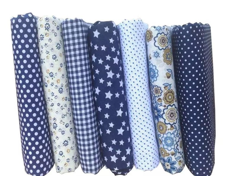 WLngtv 7pcs 10" x 10" (25cm x 25cm) Top Cotton Craft Fabric Bundle Squares Patchwork DIY Sewing Scrapbooking Quilting Floral Dot Pattern Dark Blue Fabric - Image 1