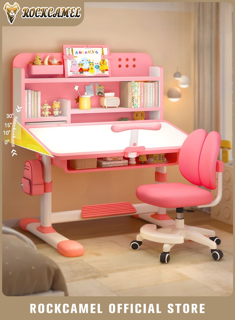 ROCKCAMEL Kids Study Desk & Chair Set, Height-Adjustable Learning Table with Bookshelf, Posture Corrector, Drawer Storage, 80cm Wide Ergonomic Learning Table for Bedroom | Reading | Online Classes, Pink - Image 1