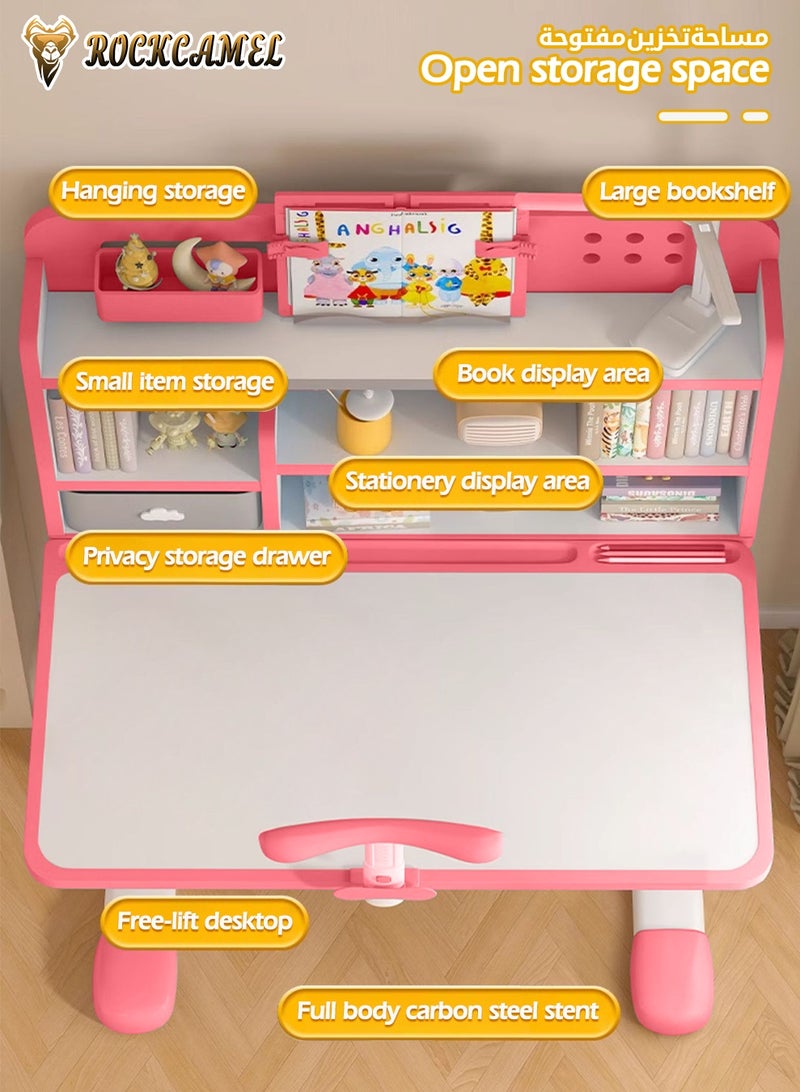 ROCKCAMEL Kids Study Desk & Chair Set, Height-Adjustable Learning Table with Bookshelf, Posture Corrector, Drawer Storage, 80cm Wide Ergonomic Learning Table for Bedroom | Reading | Online Classes, Pink - Image 2
