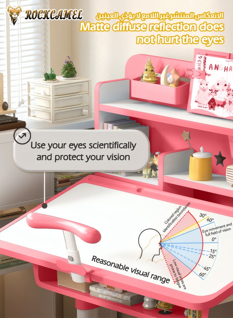 ROCKCAMEL Kids Study Desk & Chair Set, Height-Adjustable Learning Table with Bookshelf, Posture Corrector, Drawer Storage, 80cm Wide Ergonomic Learning Table for Bedroom | Reading | Online Classes, Pink - Image 5