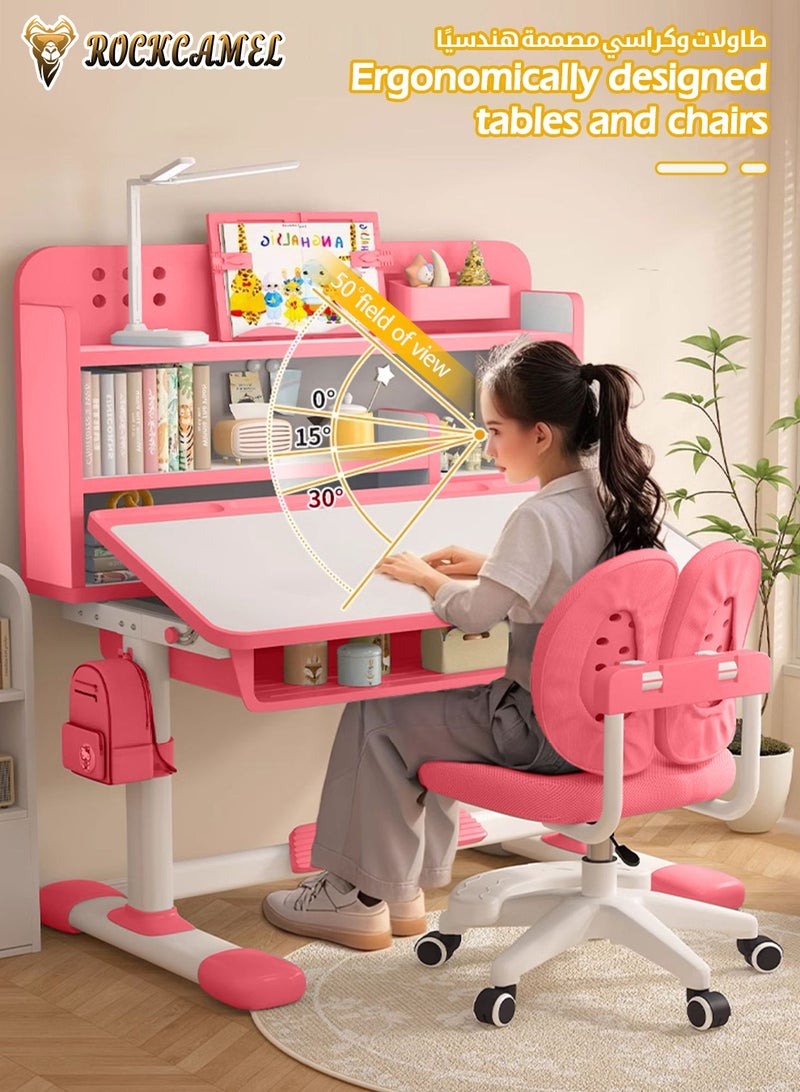 ROCKCAMEL Kids Study Desk & Chair Set, Height-Adjustable Learning Table with Bookshelf, Posture Corrector, Drawer Storage, 80cm Wide Ergonomic Learning Table for Bedroom | Reading | Online Classes, Pink - Image 3