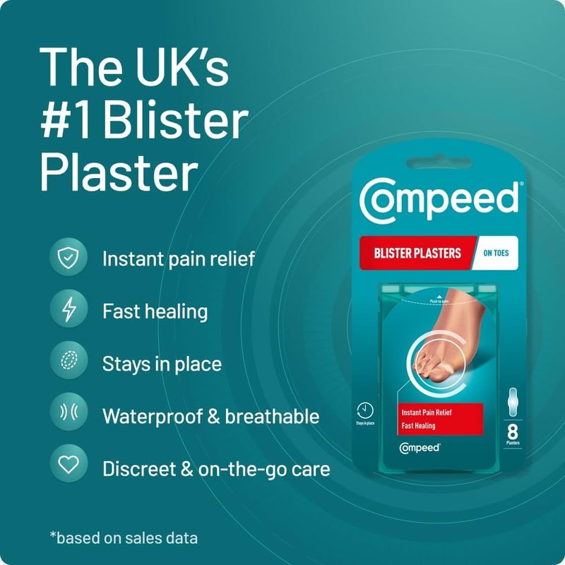 كومبيد 1 Compeed لاصقات بثور لأصابع القدم، 8 لاصقات هيدروكولويدية، علاج للقدم، شفاء سريع، الأبعاد: 1.7 سم × 5.1 سم، 8 قطع (عبوة من 1) - Image 2