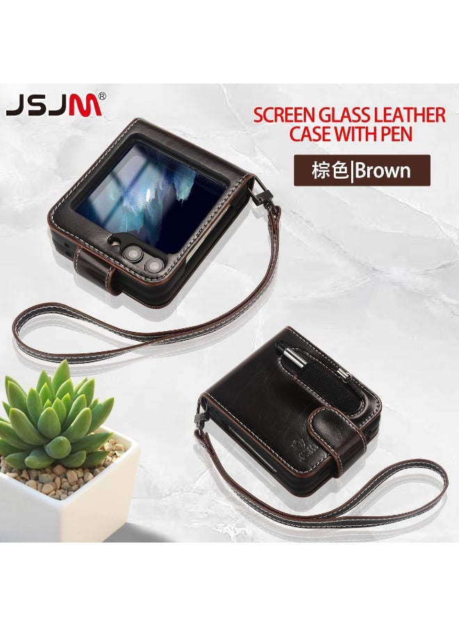 GALAXY FLIP 6 - JSJM BACK + BOOK WITH GLASS + ZIP COVER LEATHER FASHION CASE FOR SAMSUNG GALAXY FLIP 6 (DESIGN- 119) [ Brown Color ]