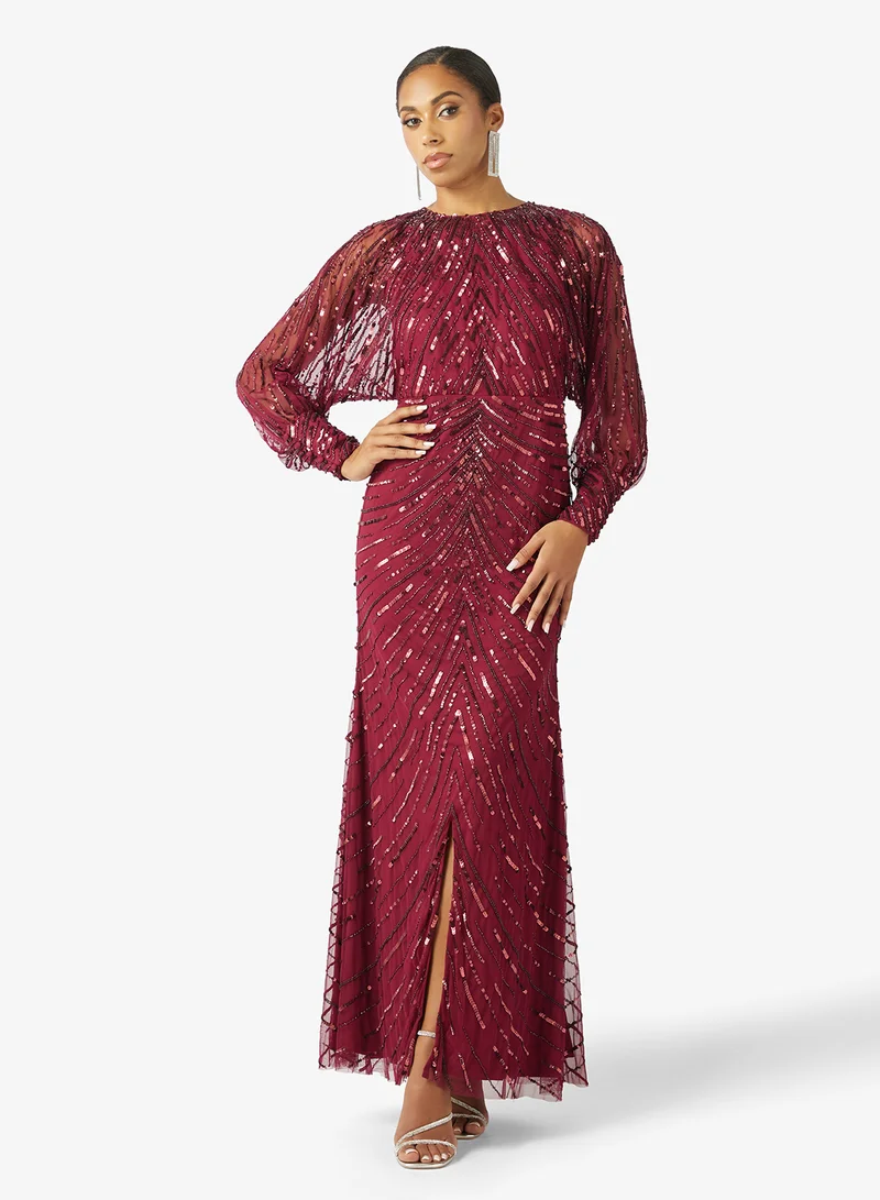 Amelia Rose Front Slit Long Sleeve Sequin Maxi Dress