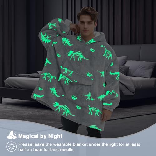 Mewkou Wearable Blanket Hoodie for Adult,Oversized Sherpa Fleece Blanket Hoodie for Women Men,Glow in The Dark Dinosaur Fossil - Image 2