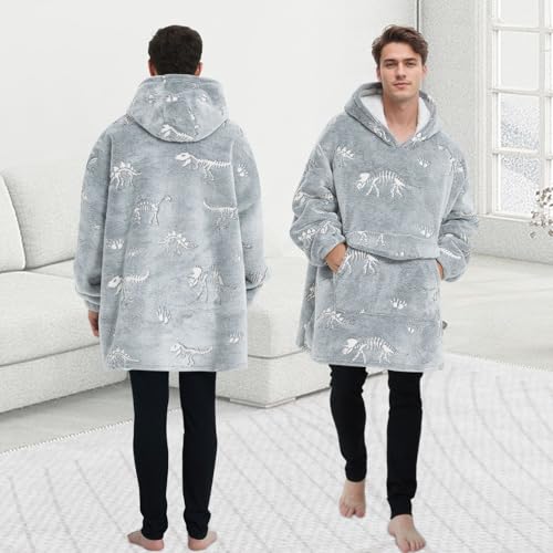 Mewkou Wearable Blanket Hoodie for Adult,Oversized Sherpa Fleece Blanket Hoodie for Women Men,Glow in The Dark Dinosaur Fossil - Image 5