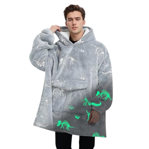 Mewkou Wearable Blanket Hoodie for Adult,Oversized Sherpa Fleece Blanket Hoodie for Women Men,Glow in The Dark Dinosaur Fossil - Image 1