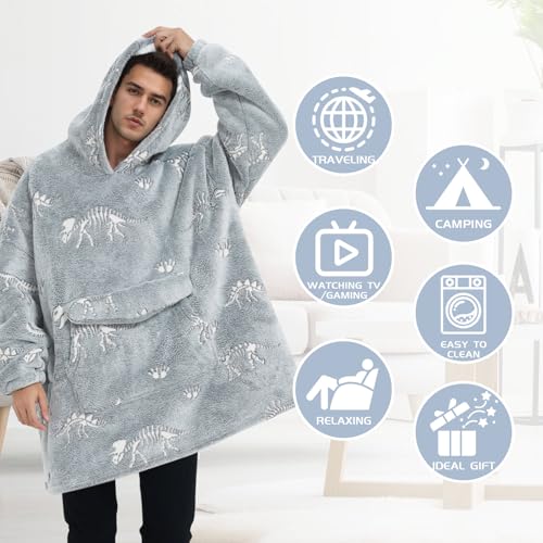 Mewkou Wearable Blanket Hoodie for Adult,Oversized Sherpa Fleece Blanket Hoodie for Women Men,Glow in The Dark Dinosaur Fossil - Image 3