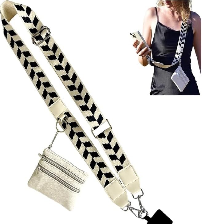 KHOLAD Phone Wrist Strap with Zipped Pouch Clip & Go Strap for Mobile with Leather Wallet Crossbody Adjustable Buckle Chain Lanyard - Comfortable & Durable Accessory for Stylish Women (BLACK & CREAM) - Image 1
