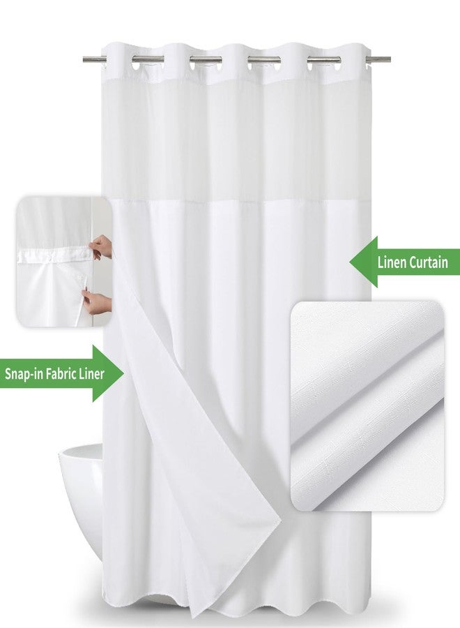 eachope No Hooks Needed Linen Textured Shower Curtain with Snap-in Fabric Liner Set,White Hotel Luxury Decor Shower Curtains for Bathroom with Mesh Top Window,Waterproof & Washable,71Wx74H - Image 2