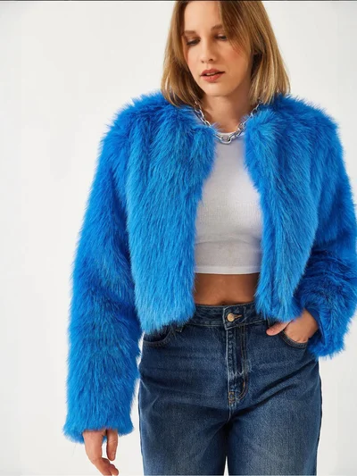 Bianco Lucci LUCCI Boxy Crop Faux Fur Coat