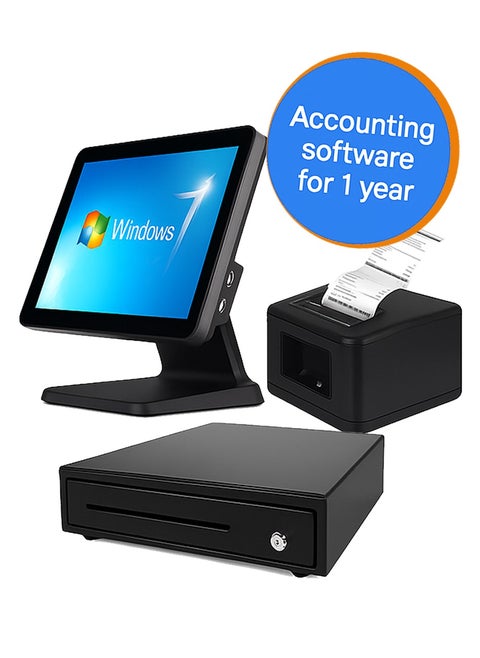 FTTEGO All-in-One POS System Bundle – Core i5 Touchscreen, 8GB RAM, 256GB SSD, 200mm/s Thermal Printer, Secure Cash Drawer, and One-Year Integrated Accounting Software | Black