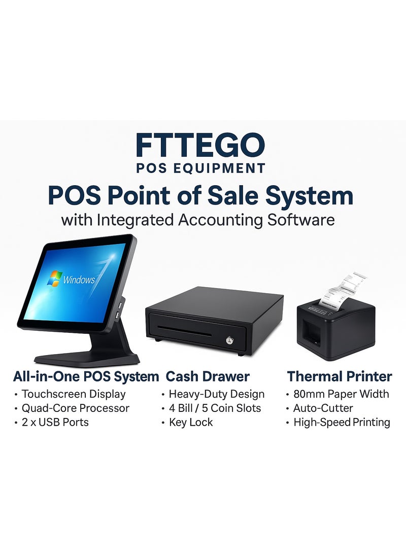 FTTEGO All-in-One POS System Bundle – Core i5 Touchscreen, 8GB RAM, 256GB SSD, 200mm/s Thermal Printer, Secure Cash Drawer, and One-Year Integrated Accounting Software | Black