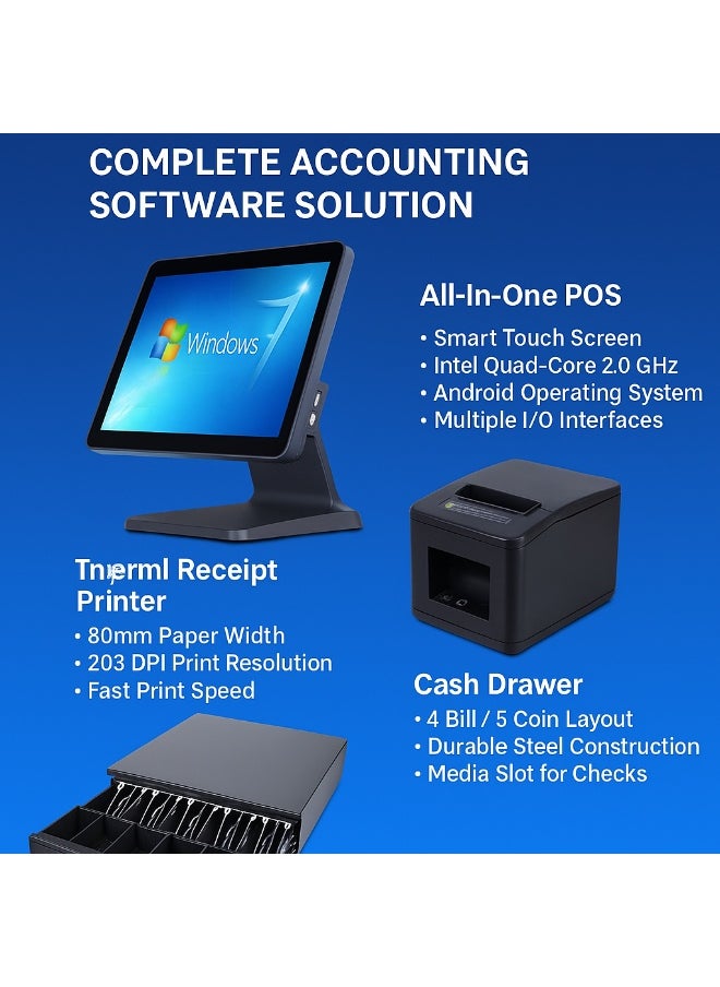 FTTEGO All-in-One POS System Bundle – Core i5 Touchscreen, 8GB RAM, 256GB SSD, 200mm/s Thermal Printer, Secure Cash Drawer, and One-Year Integrated Accounting Software | Black