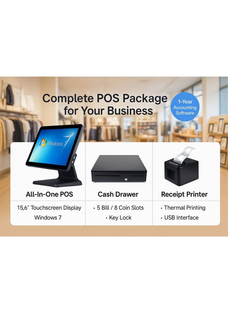 FTTEGO All-in-One POS System Bundle – Core i5 Touchscreen, 8GB RAM, 256GB SSD, 200mm/s Thermal Printer, Secure Cash Drawer, and One-Year Integrated Accounting Software | Black