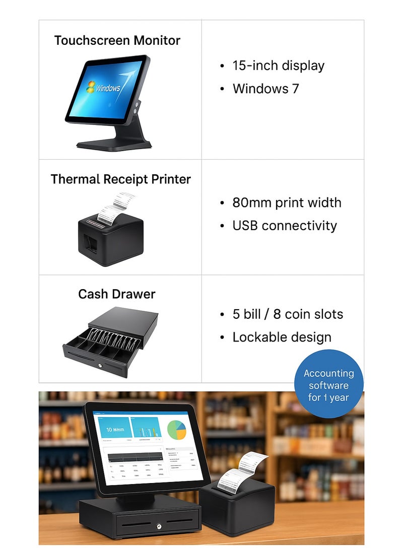 FTTEGO All-in-One POS System Bundle – Core i5 Touchscreen, 8GB RAM, 256GB SSD, 200mm/s Thermal Printer, Secure Cash Drawer, and One-Year Integrated Accounting Software | Black