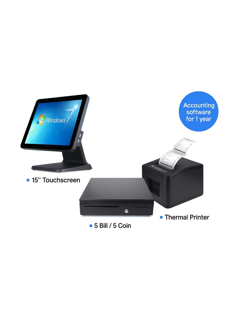 FTTEGO All-in-One POS System Bundle – Core i5 Touchscreen, 8GB RAM, 256GB SSD, 200mm/s Thermal Printer, Secure Cash Drawer, and One-Year Integrated Accounting Software | Black