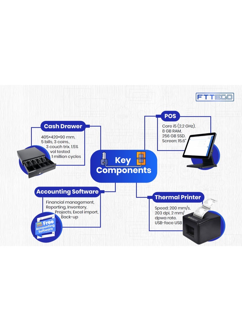 FTTEGO All in One POS System Bundle with One Year Integrated Accounting Software, Core i5 Touchscreen, 8GB RAM, 256GB SSD, 200mm/s Thermal Printer, Secure Cash Drawer | Black English/Arabic black - Image 3