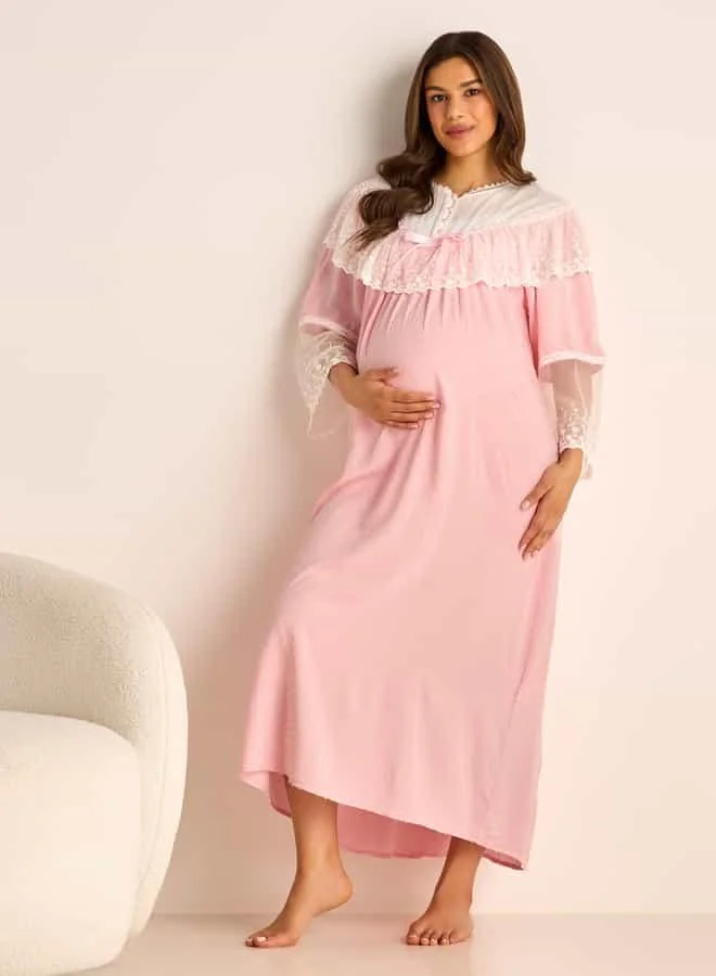 Splash FAV Lace Detail Maternity Night Dress with Round Neck and Long Sleeves