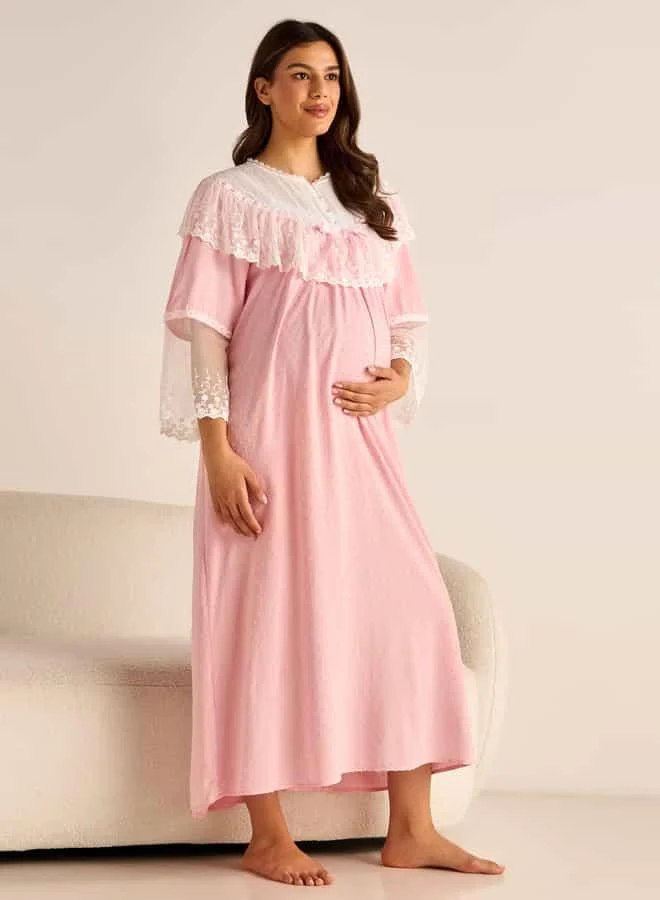 Splash FAV Lace Detail Maternity Night Dress with Round Neck and Long Sleeves