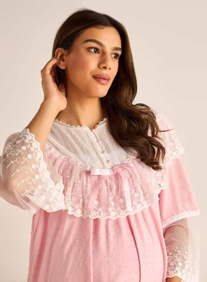 Splash FAV Lace Detail Maternity Night Dress with Round Neck and Long Sleeves