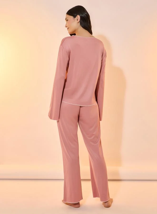 Take Two Take Two Contrast Edge Bow Detail Top and Pyjama Set