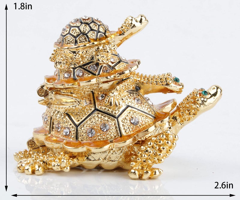 SEVENBEES Golden Bejeweled Sea Turtles Figurines Jewerly Trinket Boxes Hinged Turtle Trinket Box for Home Decor - Enameled Mother-Child Tortoise Animal Figurine Jewelry Ring Holder Box - Image 3