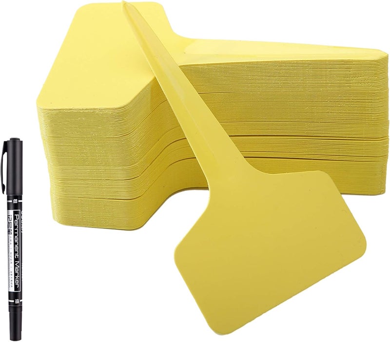 Mihey 100 Pcs T-Type Plant Labels with a Gel Pen, Waterproof Nursery Plant Tags Plastic Garden Markers, Yellow, 6 x 10cm - Image 1