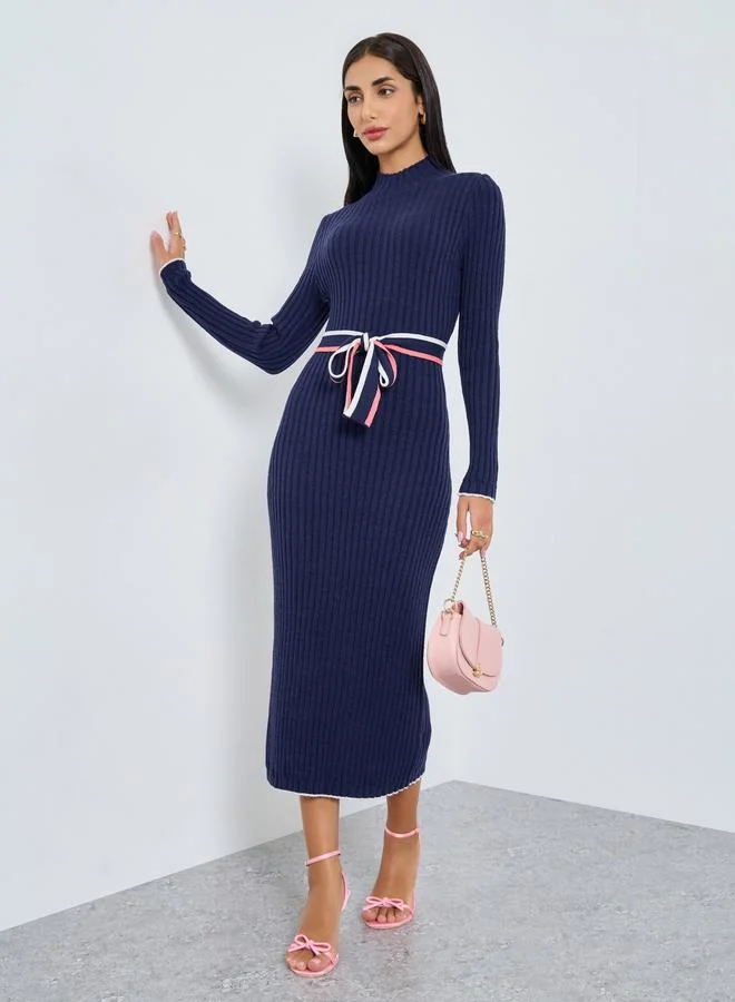 Navy Knitted Sweater Midi Dress with Tie Belt