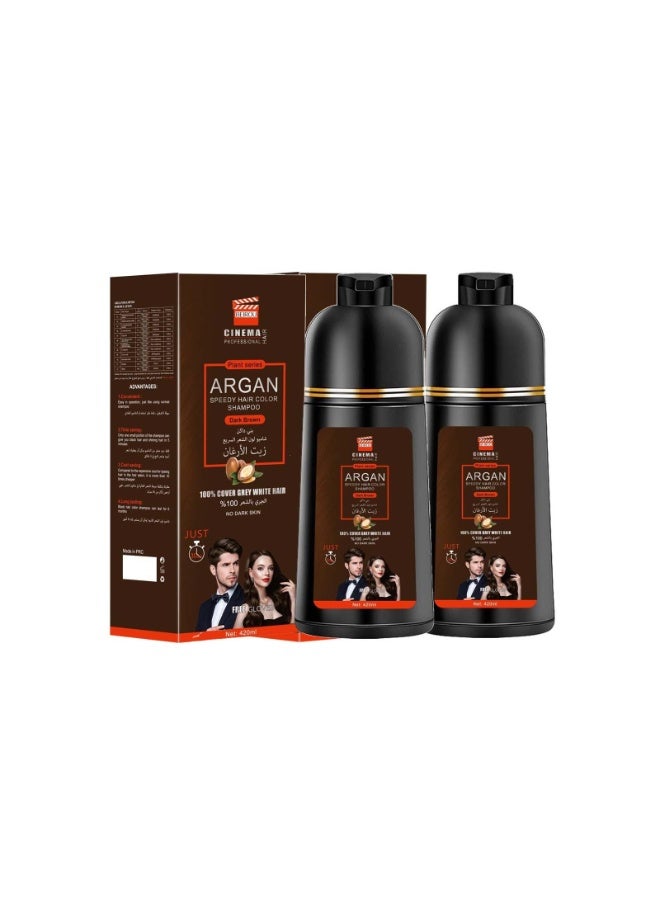2PCS Argan Speedy Hair Color Shampoo 420ml – 20 Min Grey & White Coverage, 100% Coverage Formula, No Skin Staining, Free Gloves, Easy 2-in-1 At-Home Hair Dye for Men & Women (Dark Brown)