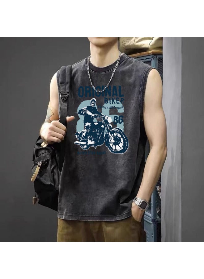 Summer New American Vintage Washed Distressed Sleeveless T-shirt Men's Loose Oversized Vest Streetwear Brand Vest T-shirt