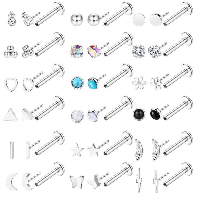 YADOCA 20G Threadless Flat Back Earrings for Women Men - Hypoallergenic Surgical Steel Push in Nose Stud Rings Labret Cartilage Lip Rings Medusa Nostril Conch Tragus Piercing Jewelry 18 Pairs - Image 1