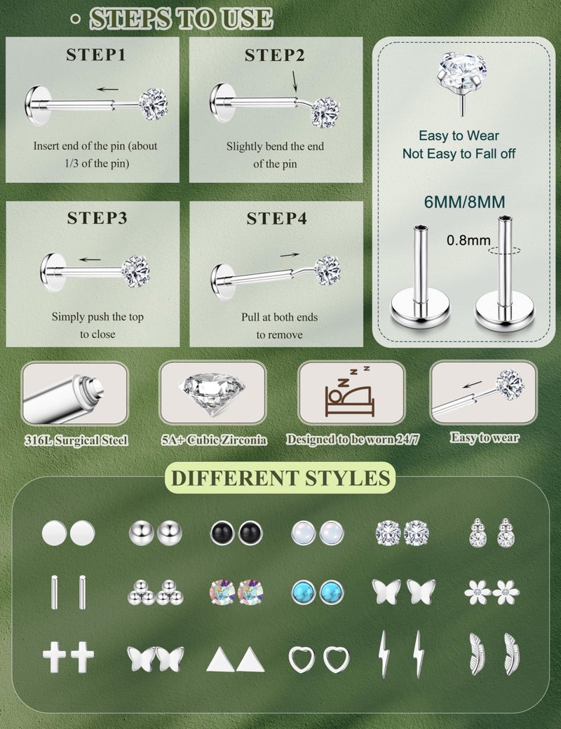 YADOCA 20G Threadless Flat Back Earrings for Women Men - Hypoallergenic Surgical Steel Push in Nose Stud Rings Labret Cartilage Lip Rings Medusa Nostril Conch Tragus Piercing Jewelry 18 Pairs - Image 4