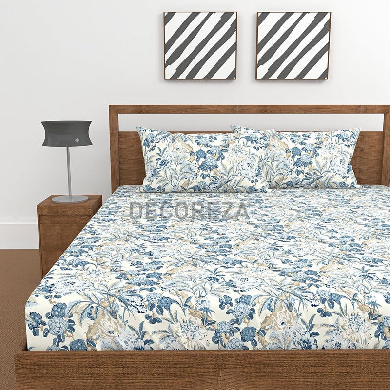 DECOREZA 300 TC All Around Cotton Floral Elastic Fitted Bedsheets Queen Size,Premium Queen Size Bedsheet with Elastic Fitted Bedsheets for Double Bed with 2 Pillow Covers,78" X 60"(Blue Smoke) - Image 3