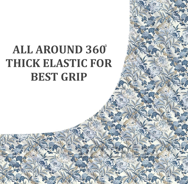 DECOREZA 300 TC All Around Cotton Floral Elastic Fitted Bedsheets Queen Size,Premium Queen Size Bedsheet with Elastic Fitted Bedsheets for Double Bed with 2 Pillow Covers,78" X 60"(Blue Smoke) - Image 4