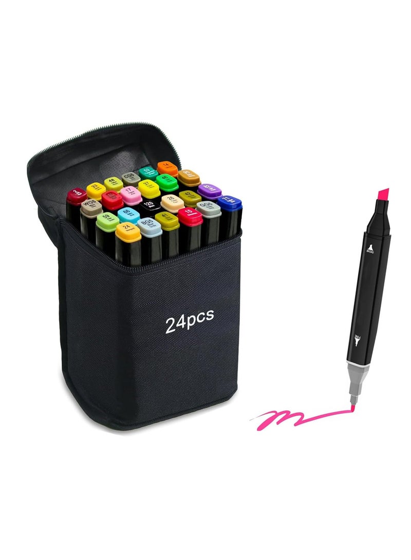اقلام تحديد كحولية للرسم مكونة من 24 لون، فنية مزدوجة الاطراف، مجموعة تلوين للتلوين والرسم وصنع البطاقات وعلامات ملونة، إزميل، متعدد الألوان - Image 1