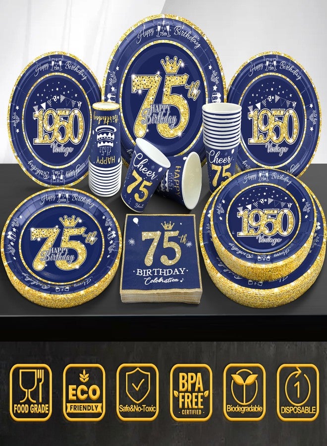 algpty 75th Birthday Decorations Blue and Gold, Service for 30, Vintage Plates and Napkins Includes Blue and Gold 1950 Plates, Napkins,Cups 75th Birthday Decorations for Men Women - Image 3