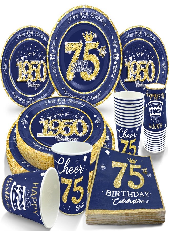 algpty 75th Birthday Decorations Blue and Gold, Service for 30, Vintage Plates and Napkins Includes Blue and Gold 1950 Plates, Napkins,Cups 75th Birthday Decorations for Men Women - Image 1