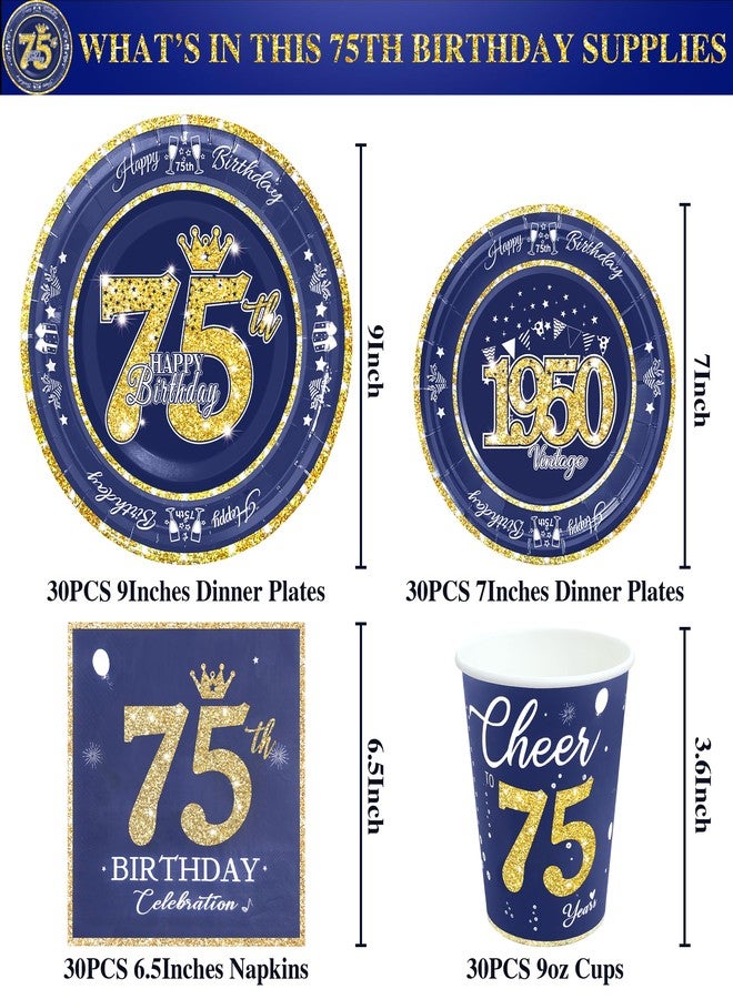algpty 75th Birthday Decorations Blue and Gold, Service for 30, Vintage Plates and Napkins Includes Blue and Gold 1950 Plates, Napkins,Cups 75th Birthday Decorations for Men Women - Image 2