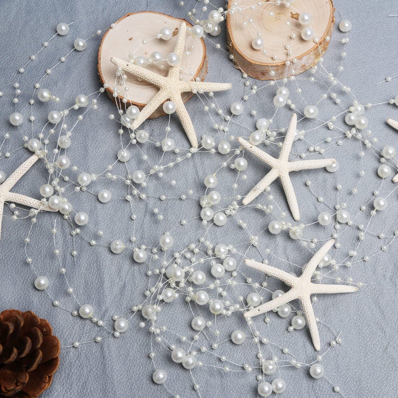 Beach Beaded Starfish Garland Christmas Decorations 2M80Inch White Beaded Garland with 6PCS Natural Starfish for Christmas Tree Ornaments Beach Mermaid Party Home Decoration