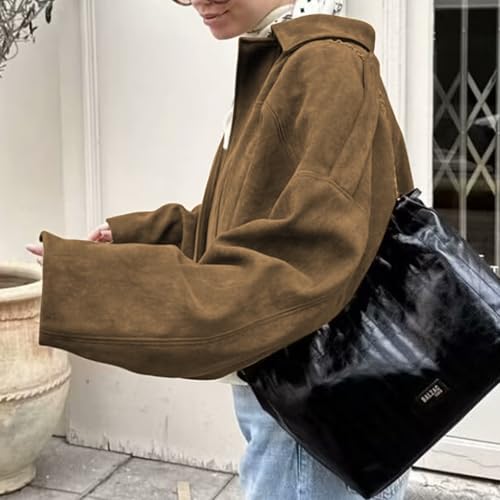 CUFEZN Womens Faux Suede Bomber Jacket Oversized Streetwear Casual Lapel Long Sleeve Motorcycle Jacket 2025 Fall Trendy Y2k Going Out Coat Brown Small - Image 3