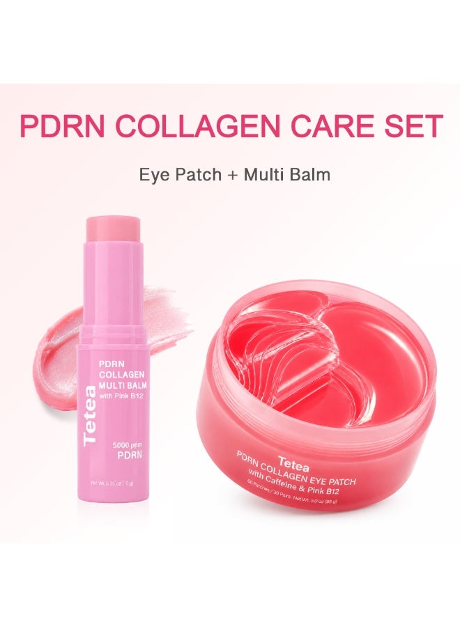 PDRN Pink Collagen Multi Balm Stick & Under Eye Patch Set, 0.32 oz | Caffeine and Pink B12, Hydrating Care, For Under Eyes, Face, Neck and Lips, 60 Eye Patches - Image 2