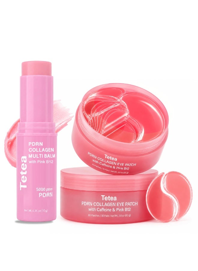 PDRN Pink Collagen Multi Balm Stick & Under Eye Patch Set, 0.32 oz | Caffeine and Pink B12, Hydrating Care, For Under Eyes, Face, Neck and Lips, 60 Eye Patches - Image 1