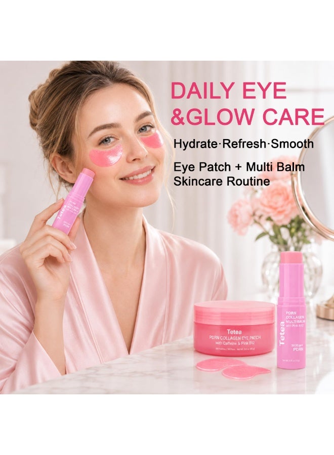 PDRN Pink Collagen Multi Balm Stick & Under Eye Patch Set, 0.32 oz | Caffeine and Pink B12, Hydrating Care, For Under Eyes, Face, Neck and Lips, 60 Eye Patches - Image 3