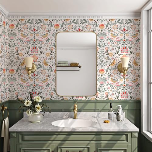 ReWallpaper Vintage Birds Floral Peel and Stick Wallpaper Boho William Morris Wallpaper Strawberry for Bedroom Living Room 17.5in×10ft Green Leaf Fruit Flower Wall Paper Peel Stick Contact Paper Roll - Image 4