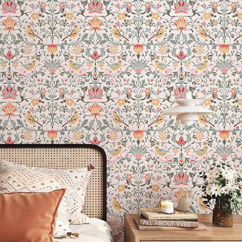 ReWallpaper Vintage Birds Floral Peel and Stick Wallpaper Boho William Morris Wallpaper Strawberry for Bedroom Living Room 17.5in×10ft Green Leaf Fruit Flower Wall Paper Peel Stick Contact Paper Roll - Image 2