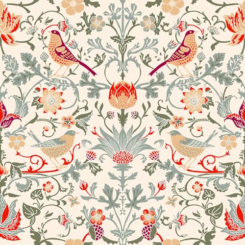 ReWallpaper Vintage Birds Floral Peel and Stick Wallpaper Boho William Morris Wallpaper Strawberry for Bedroom Living Room 17.5in×10ft Green Leaf Fruit Flower Wall Paper Peel Stick Contact Paper Roll - Image 1